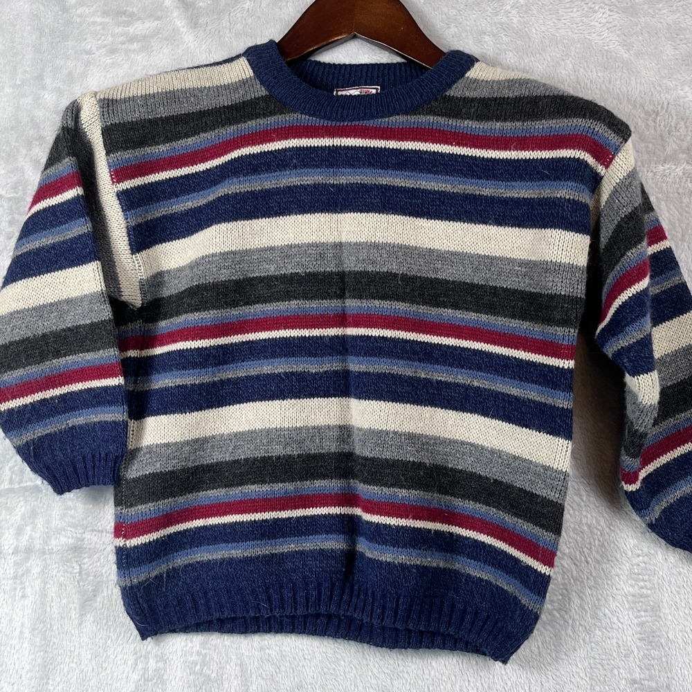 VTG 90s Plaid Moose Youth M Stripe Sweater Blue Burgundy Gray Acrylic Israel EUC